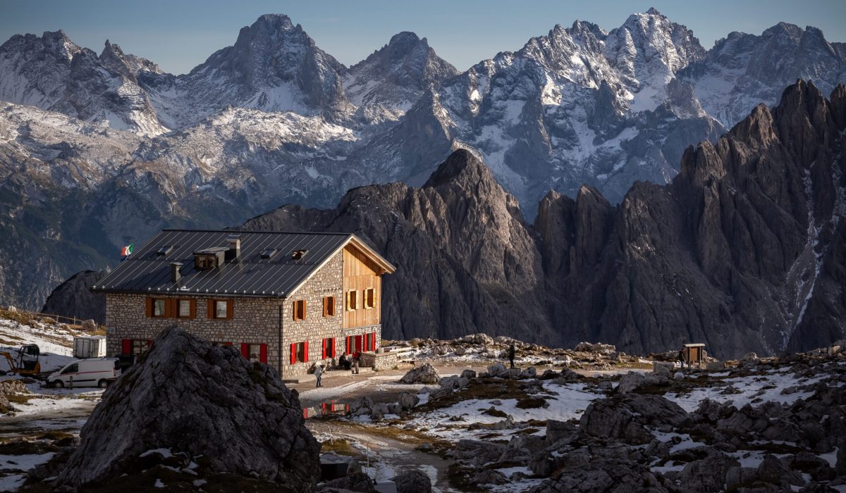 Stunning scenery of the stony Rifugio Lavaredo at Cadini di Misurina area, Belluno, Italy